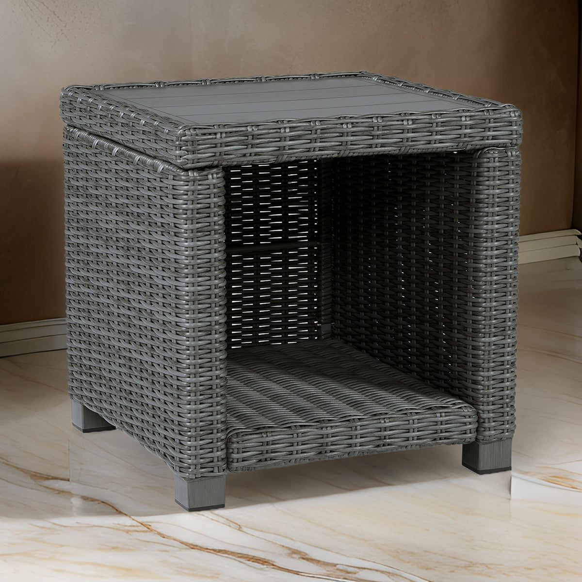 Ellie 23 Inch Outdoor End Table, Lower Shelf, Gray Resin Wicker, Metal - BM313436