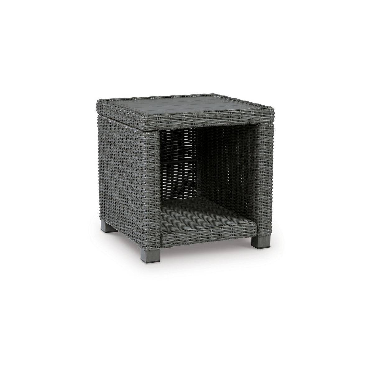 Ellie 23 Inch Outdoor End Table, Lower Shelf, Gray Resin Wicker, Metal - BM313436