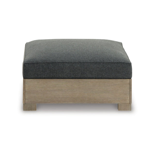 34 Inch Outdoor Ottoman with Cushion, Charcoal Gray Fabric, Brown Wood - BM313437