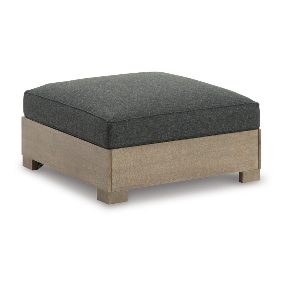 34 Inch Outdoor Ottoman with Cushion, Charcoal Gray Fabric, Brown Wood - BM313437