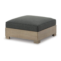 34 Inch Outdoor Ottoman with Cushion, Charcoal Gray Fabric, Brown Wood - BM313437