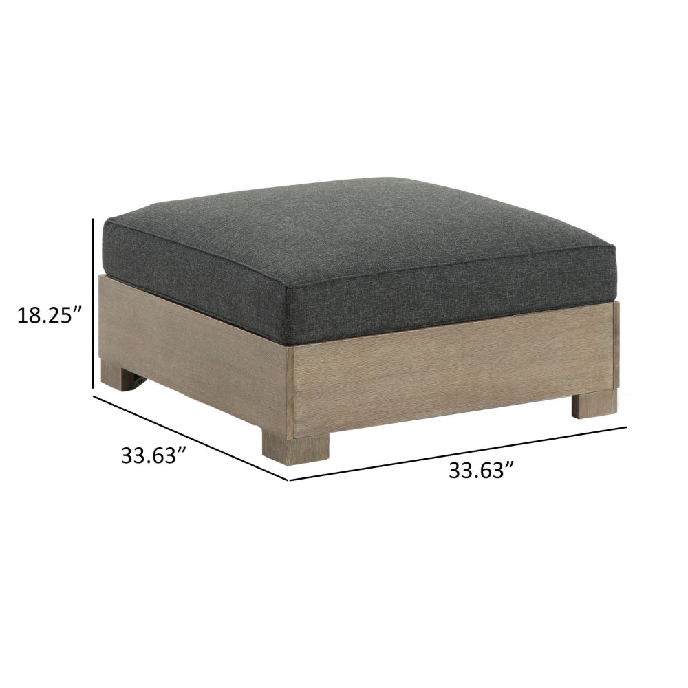 34 Inch Outdoor Ottoman with Cushion, Charcoal Gray Fabric, Brown Wood - BM313437