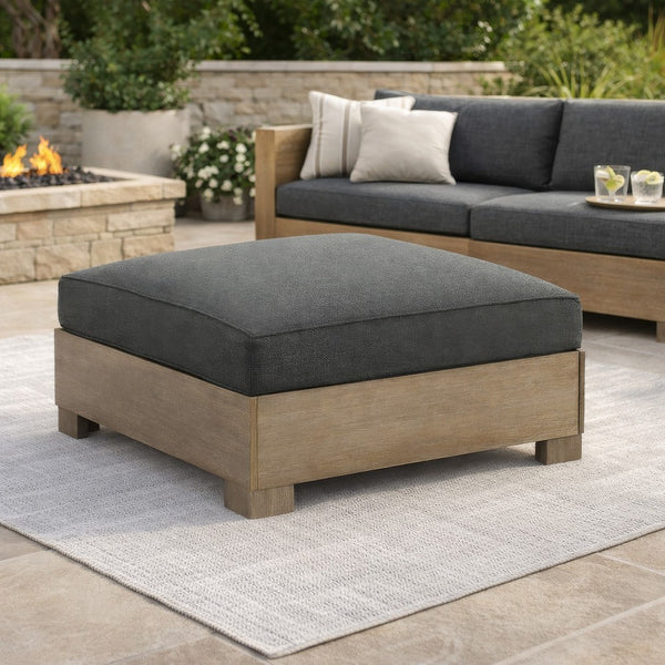 34 Inch Outdoor Ottoman with Cushion, Charcoal Gray Fabric, Brown Wood - BM313437