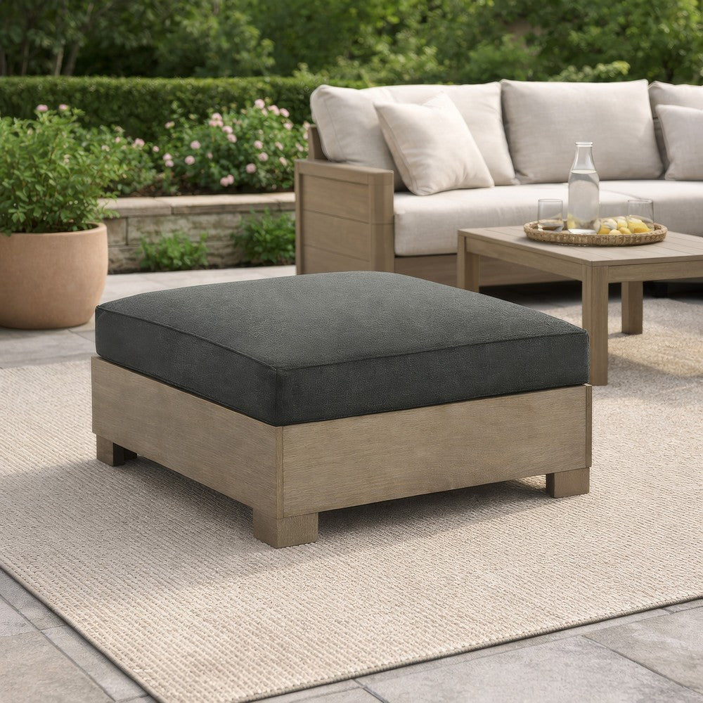 34 Inch Outdoor Ottoman with Cushion, Charcoal Gray Fabric, Brown Wood - BM313437