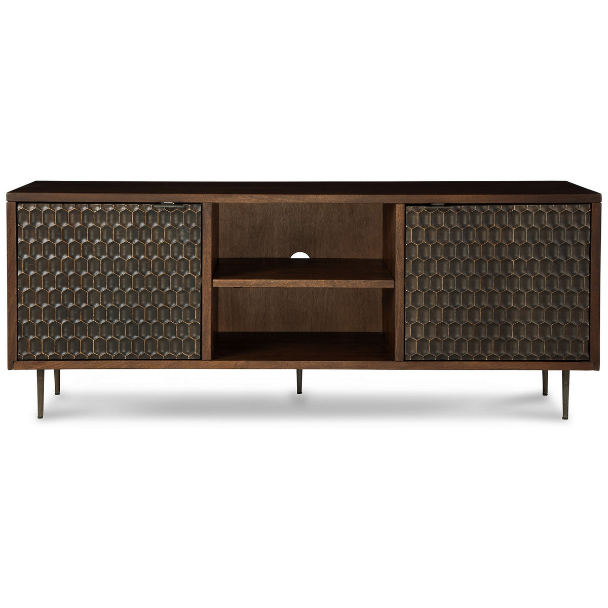 65 Inch Sideboard Cabinet Console, Honeycomb Design, 3 Shelves, Brown Wood - BM313461