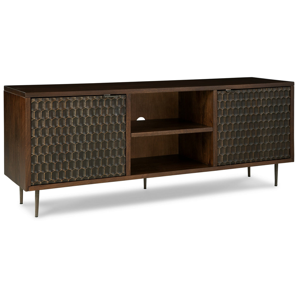 65 Inch Sideboard Cabinet Console, Honeycomb Design, 3 Shelves, Brown Wood - BM313461