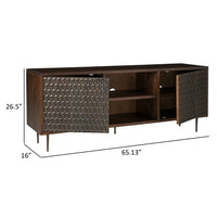 65 Inch Sideboard Cabinet Console, Honeycomb Design, 3 Shelves, Brown Wood - BM313461