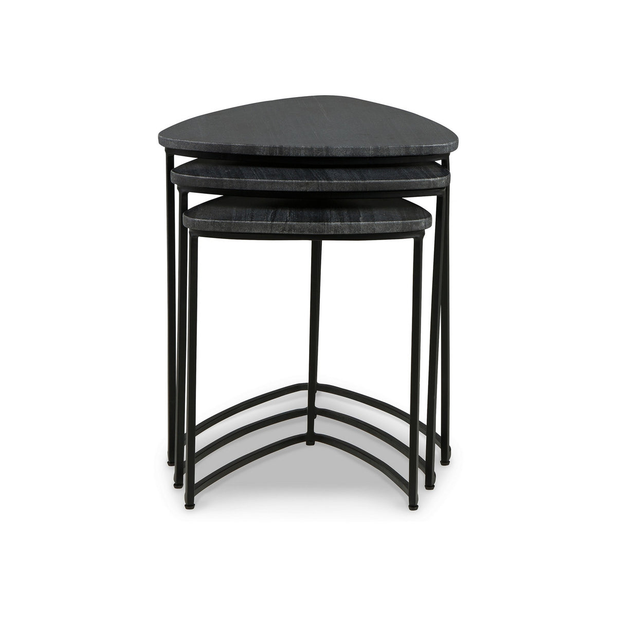 Set of 3 Nesting Accent Tables, Triangular, Marble Top, Metal Base, Black - BM313462