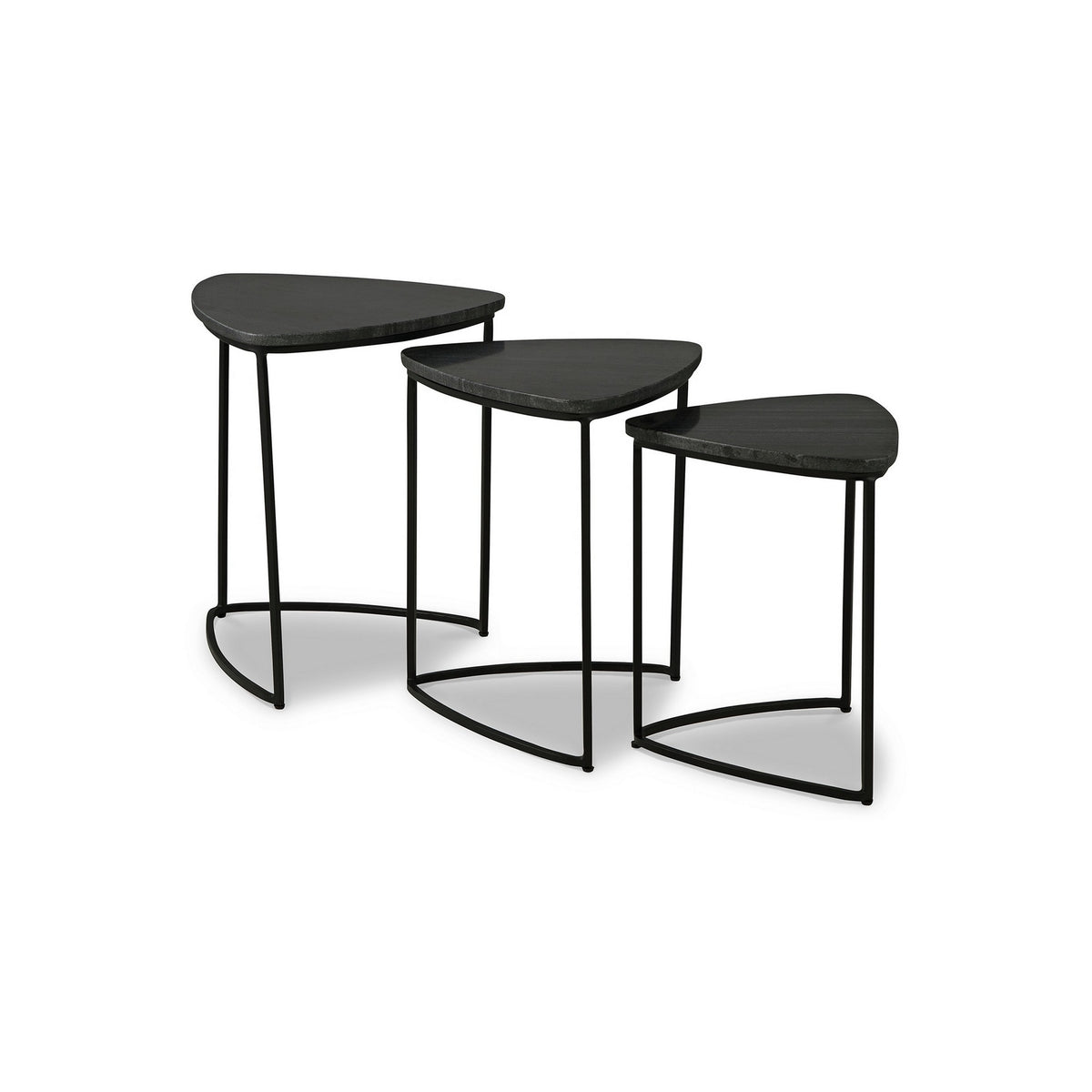 Set of 3 Nesting Accent Tables, Triangular, Marble Top, Metal Base, Black - BM313462