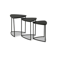 Set of 3 Nesting Accent Tables, Triangular, Marble Top, Metal Base, Black - BM313462