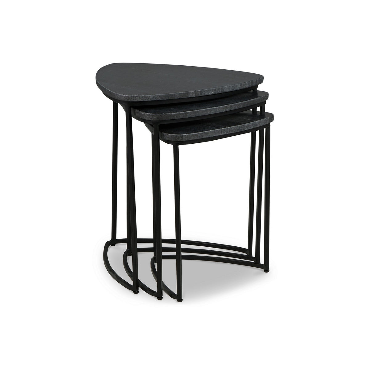 Set of 3 Nesting Accent Tables, Triangular, Marble Top, Metal Base, Black - BM313462