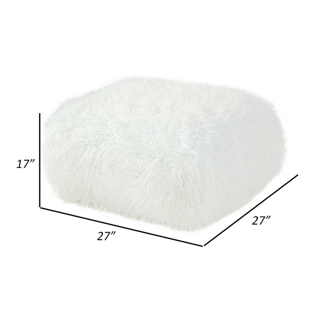 Ammy 27 Inch Square Ottoman, Foam, Modern Soft White Faux Fur Upholstery - BM313475