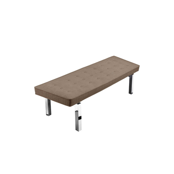 Yoma 65 Inch Bench, Button Tufted Seat, Taupe Brown Fabric, Chrome Legs - BM313485