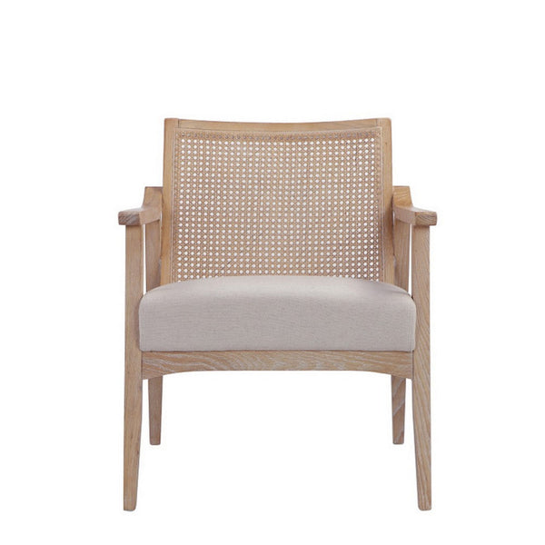 28 Inch Lounge Armchair with Cane Back, Beige Polyester Boucle, Brown Frame - BM313488