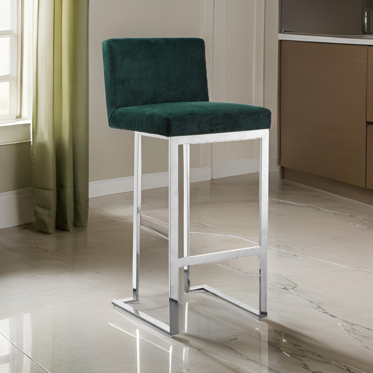 Boly 30 Inch Barstool Chair, Green Velvet Cushion, Silver Cantilever Base
 - BM313513