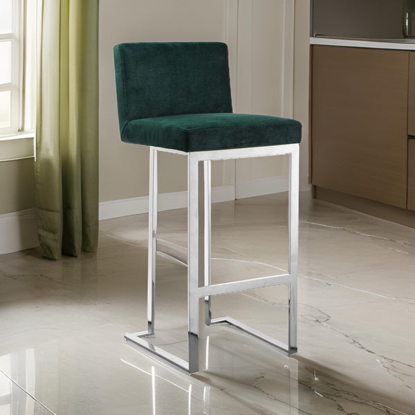 Boly 30 Inch Barstool Chair, Green Velvet Cushion, Silver Cantilever Base
 - BM313513