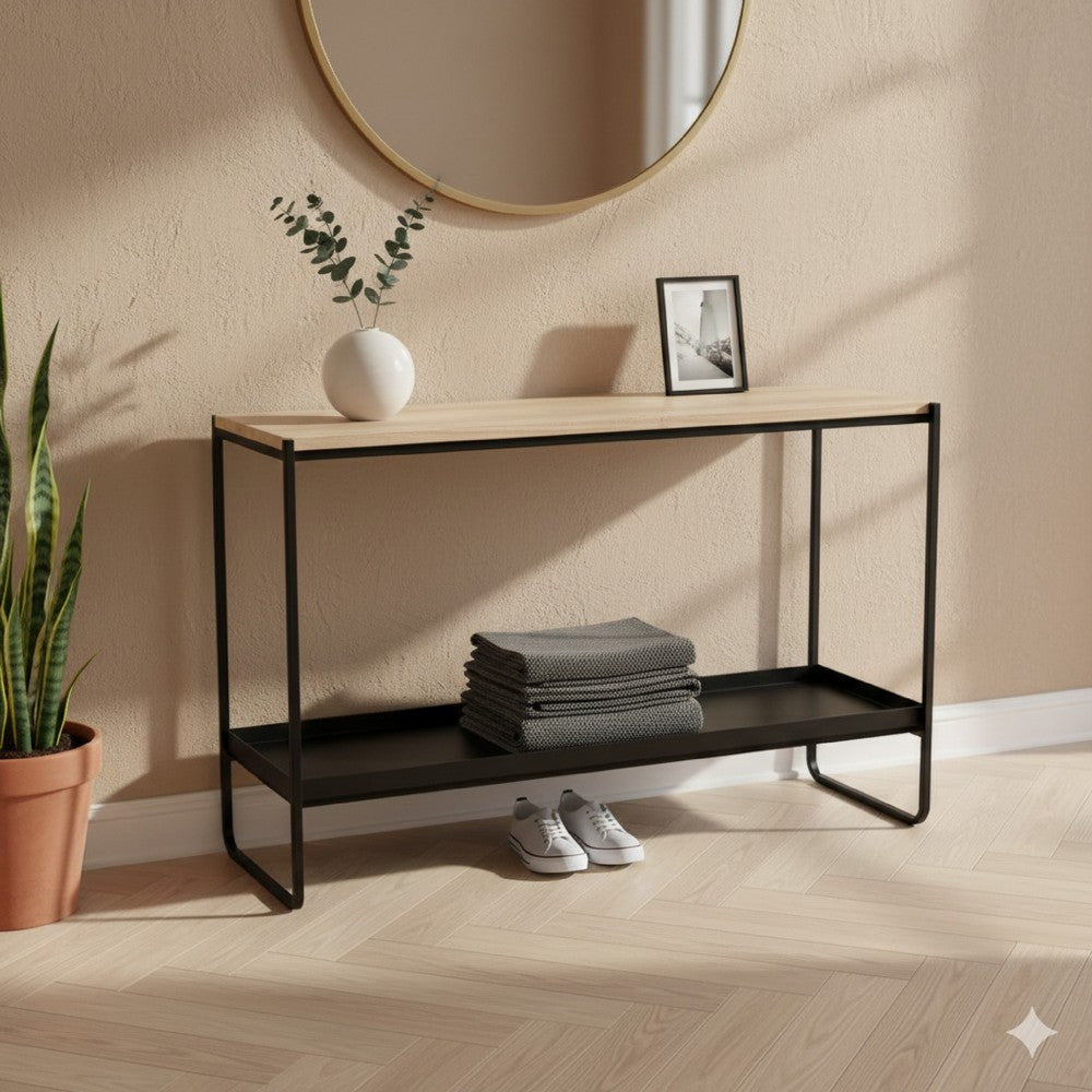 Evon 39 Inch Console Table, Natural Brown Wood Top and Shelf, Black Metal - BM313518