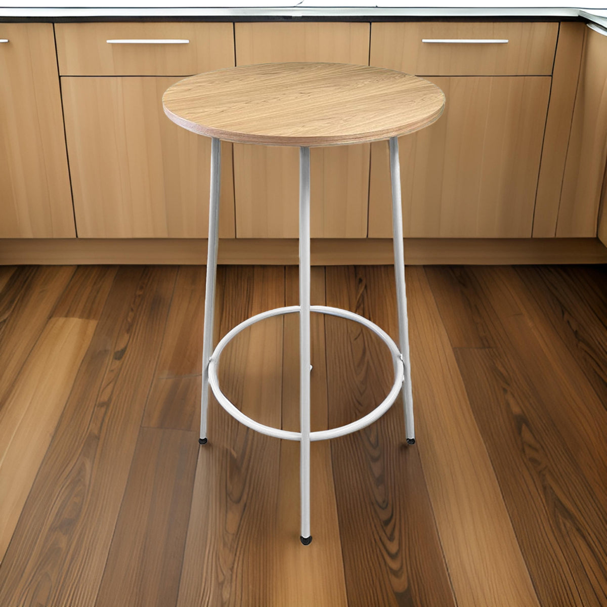 Neni 42 Inch Bar Table, Round Natural Brown Wood Top, Modern White Metal - BM313538