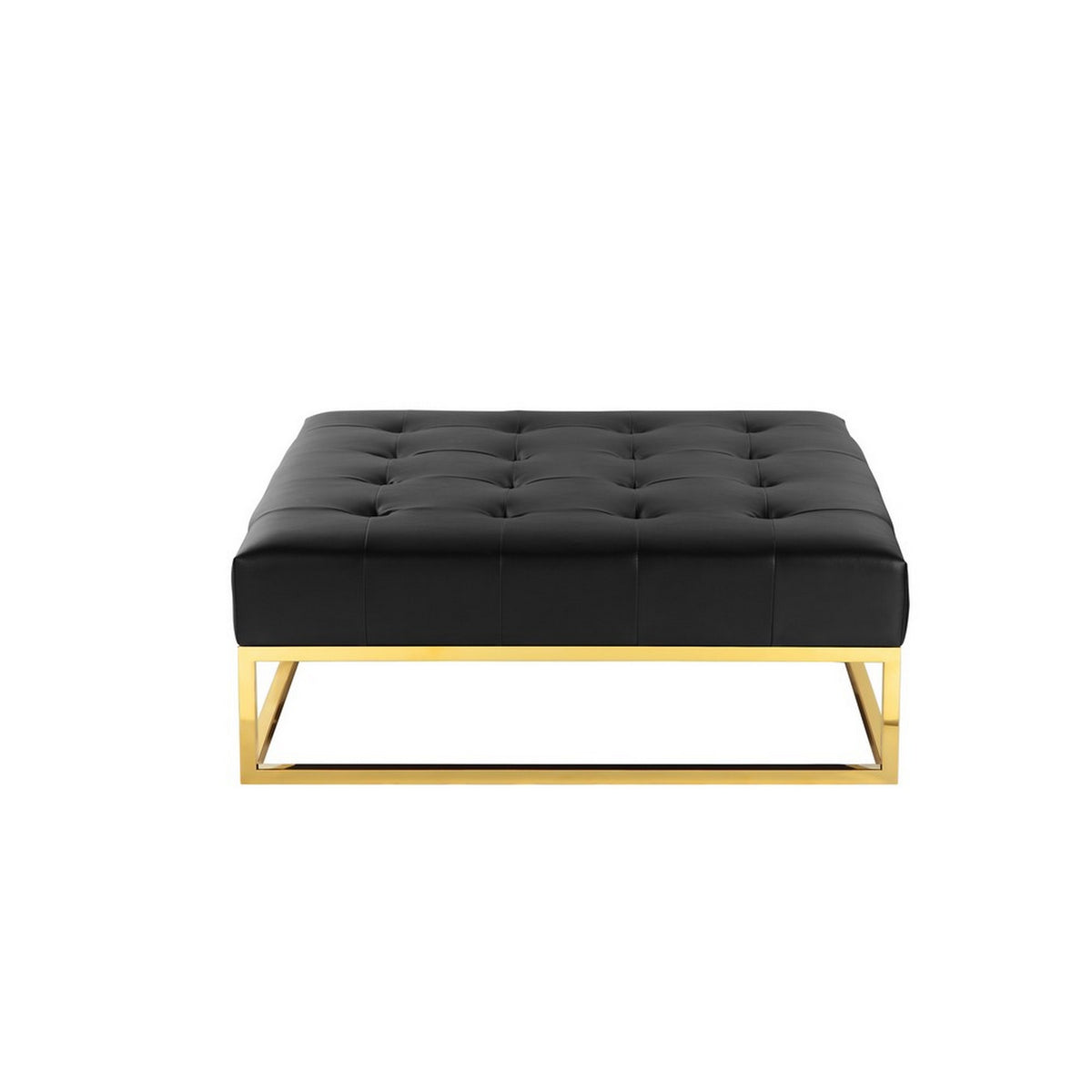 Ipp 40 Inch Ottoman, Button Tufted, Black Faux Leather, Square Padded, Gold - BM313554