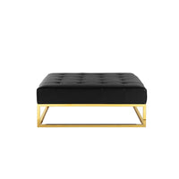 Ipp 40 Inch Ottoman, Button Tufted, Black Faux Leather, Square Padded, Gold - BM313554