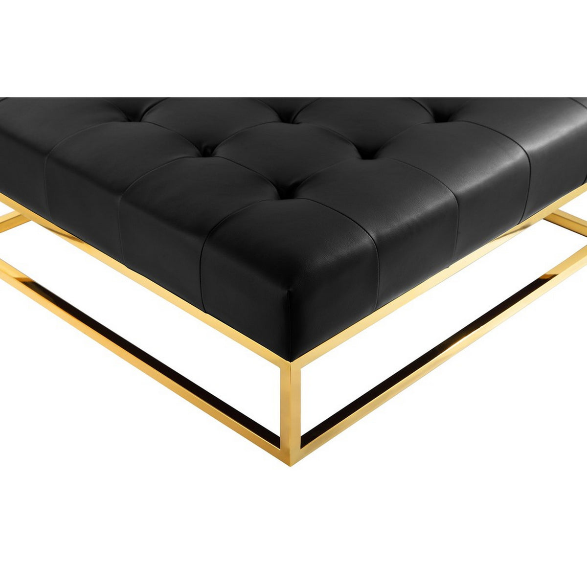 Ipp 40 Inch Ottoman, Button Tufted, Black Faux Leather, Square Padded, Gold - BM313554