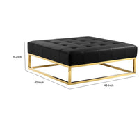 Ipp 40 Inch Ottoman, Button Tufted, Black Faux Leather, Square Padded, Gold - BM313554