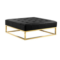 Ipp 40 Inch Ottoman, Button Tufted, Black Faux Leather, Square Padded, Gold - BM313554