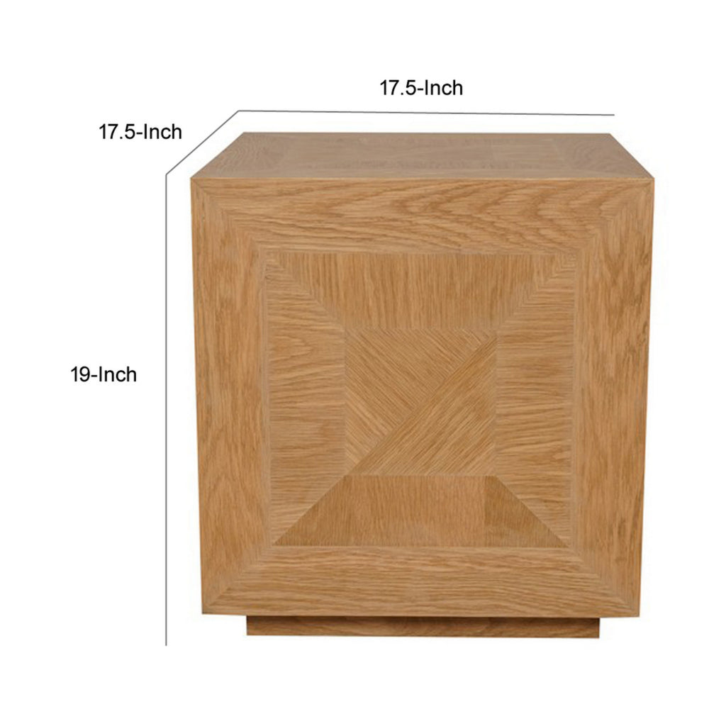 19 Inch Side End Table, Square Geometric Design, Brown Oak Wood Veneer - BM313566