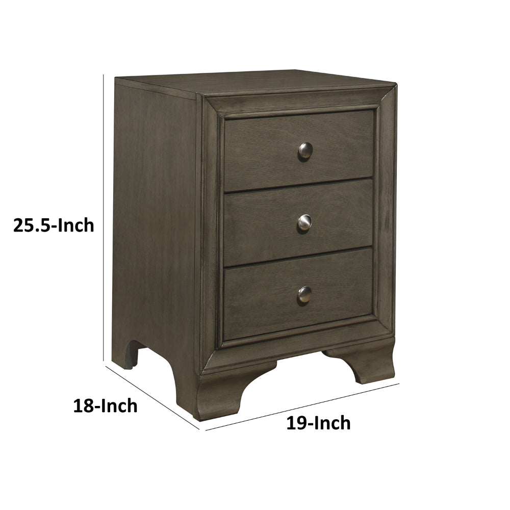 Folu 26 Inch Nightstand, USB Port, 3 Drawers with Chrome Knobs, Gray Finish - BM313570