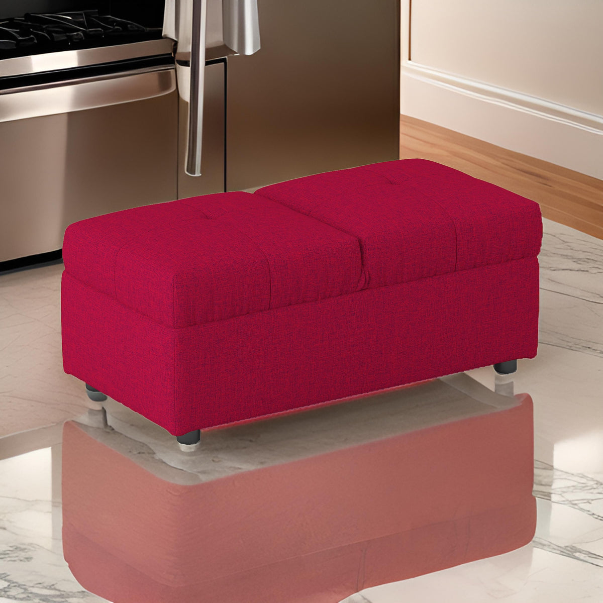 Caroline 41 Inch Storage Ottoman Chair, Tufted Seat, Adjustable Top, Red - BM313573