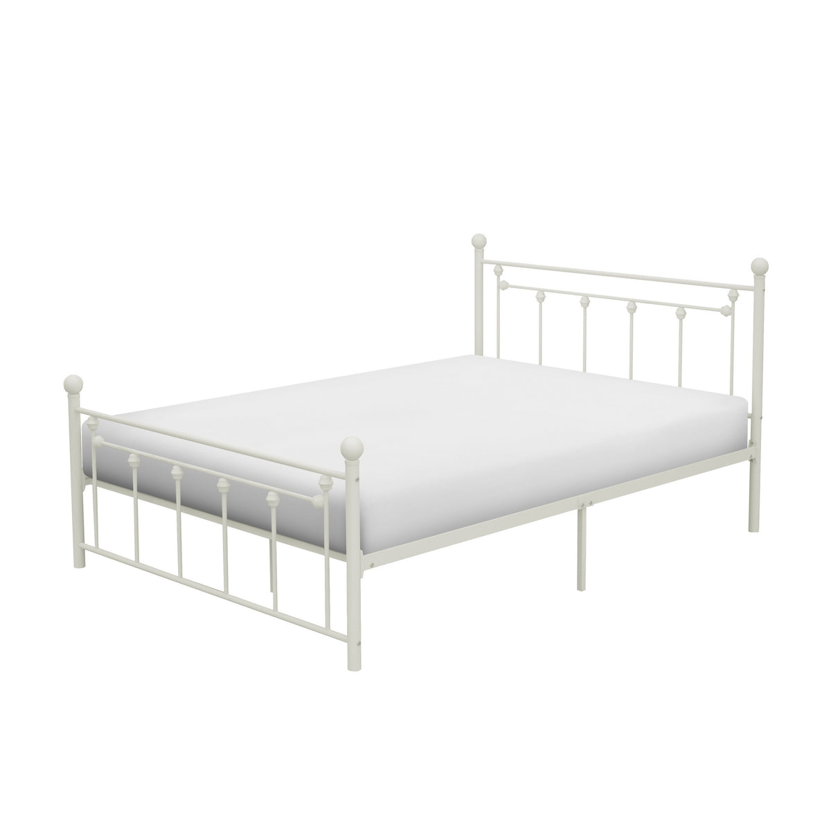 Leu Full Platform Bed, Open Slatted Frame with Ball Finials, White Metal - BM313576