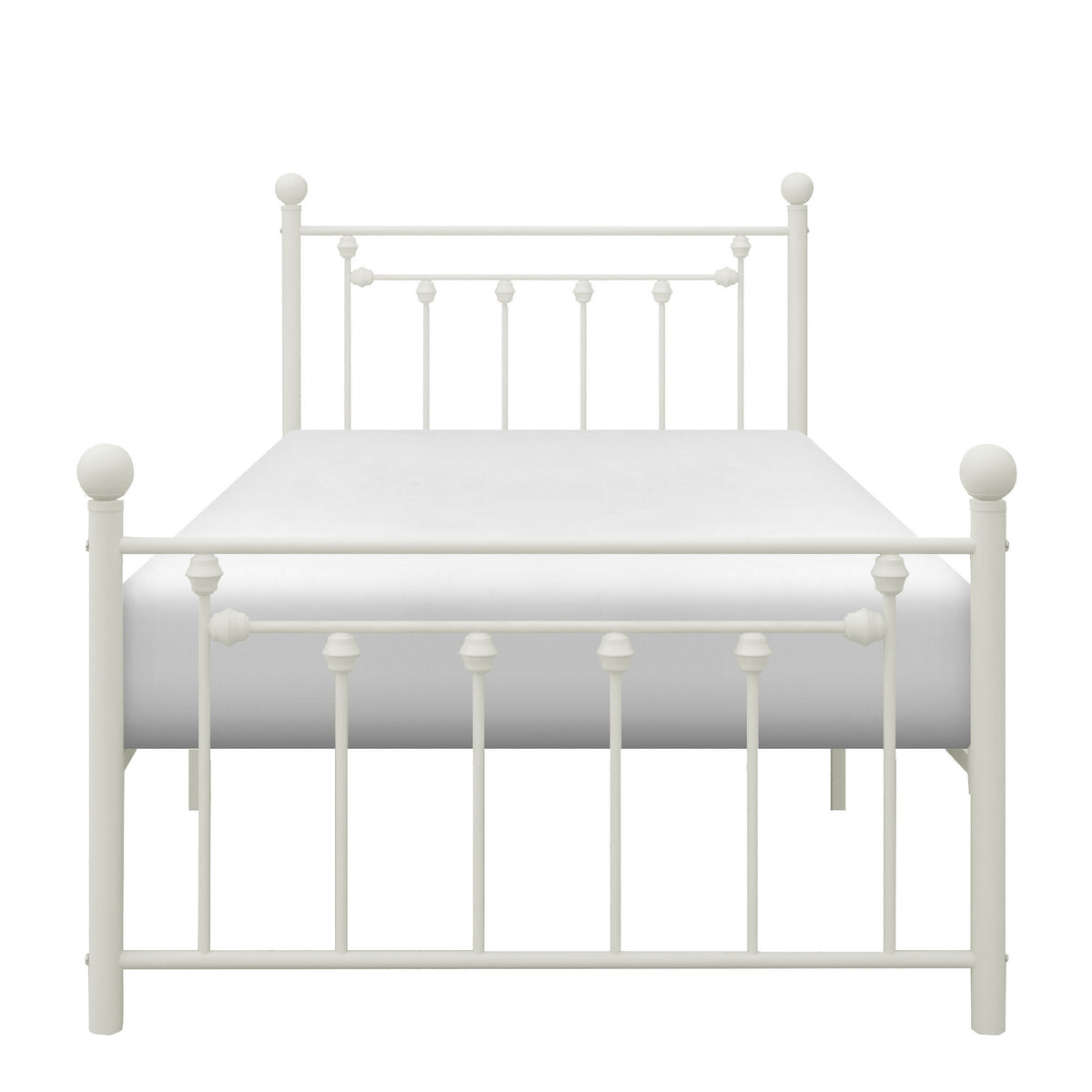 Leu Twin Platform Bed, Open Slatted Frame with Ball Finials, White Metal - BM313577