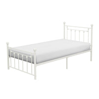 Leu Twin Platform Bed, Open Slatted Frame with Ball Finials, White Metal - BM313577