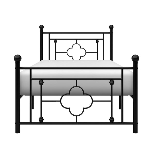 Ayu Twin Platform Bed, Quatrefoil Pattern and Ball Finials, Black Metal - BM313578