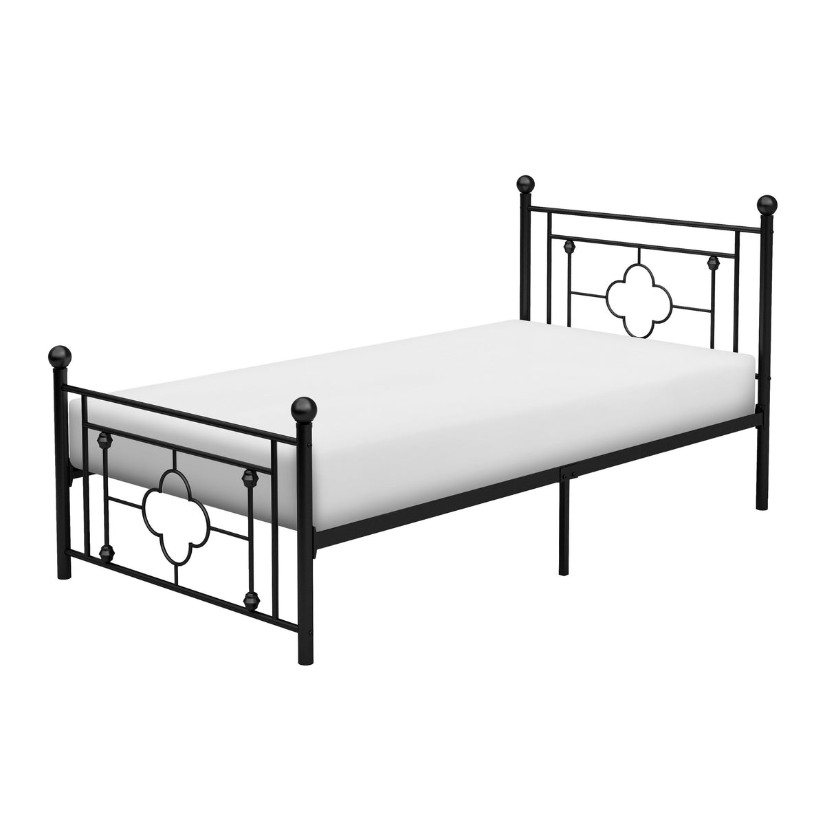 Ayu Twin Platform Bed, Quatrefoil Pattern and Ball Finials, Black Metal - BM313578