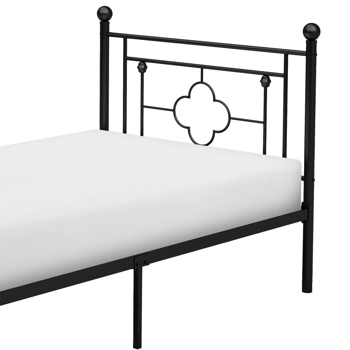 Ayu Twin Platform Bed, Quatrefoil Pattern and Ball Finials, Black Metal - BM313578