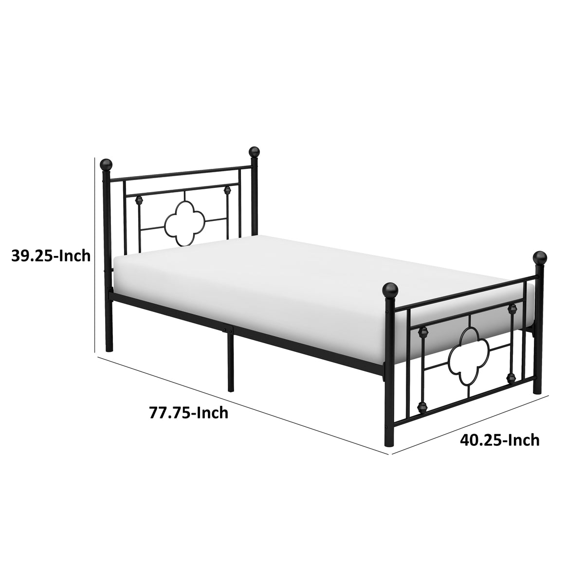 Ayu Twin Platform Bed, Quatrefoil Pattern and Ball Finials, Black Metal - BM313578