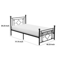 Ayu Twin Platform Bed, Quatrefoil Pattern and Ball Finials, Black Metal - BM313578