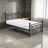 Ayu Twin Platform Bed, Quatrefoil Pattern and Ball Finials, Black Metal - BM313578