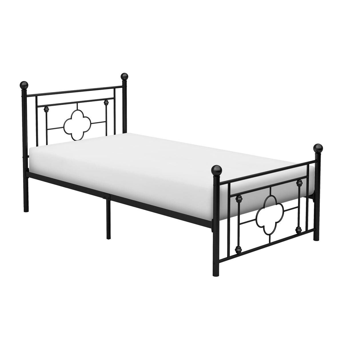 Ayu Twin Platform Bed, Quatrefoil Pattern and Ball Finials, Black Metal - BM313578