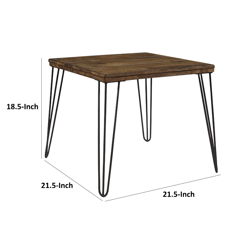 Hali 22 Inch Side End Table, Rubberwood, Black Metal Hairpin Legs, Brown - BM313579