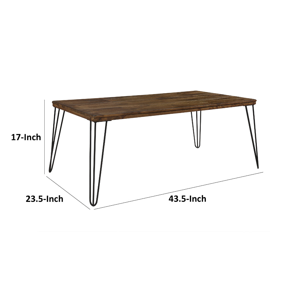 Hali 44 Inch Cocktail Coffee Table, Rubberwood, Black Metal Legs, Brown - BM313580