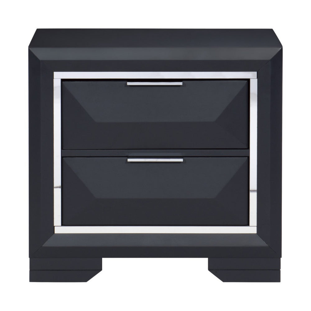 Rosy 27 Inch Nightstand, 2 Drawers, Chrome Accents, Midnight Blue Wood - BM313588