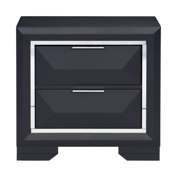 Rosy 27 Inch Nightstand, 2 Drawers, Chrome Accents, Midnight Blue Wood - BM313588