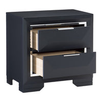 Rosy 27 Inch Nightstand, 2 Drawers, Chrome Accents, Midnight Blue Wood - BM313588