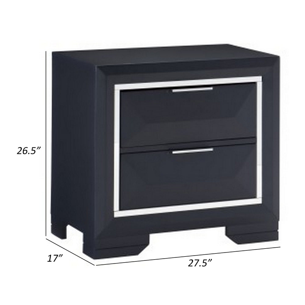 Rosy 27 Inch Nightstand, 2 Drawers, Chrome Accents, Midnight Blue Wood - BM313588