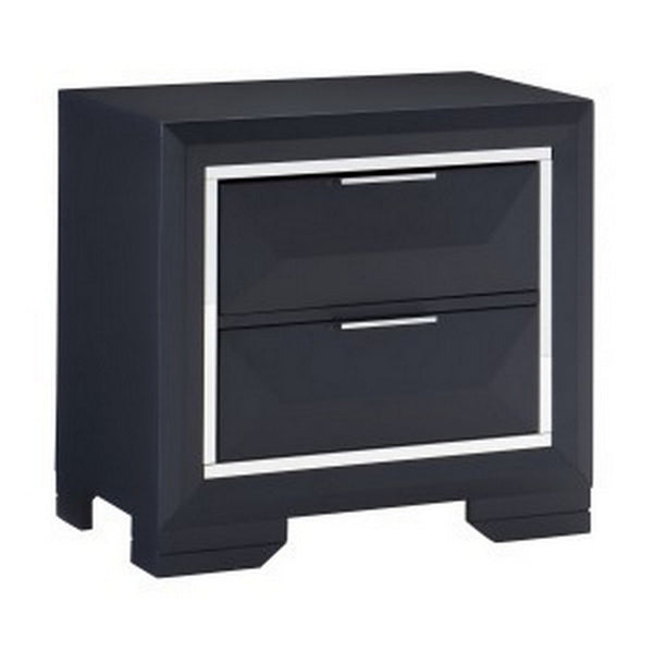 Rosy 27 Inch Nightstand, 2 Drawers, Chrome Accents, Midnight Blue Wood - BM313588