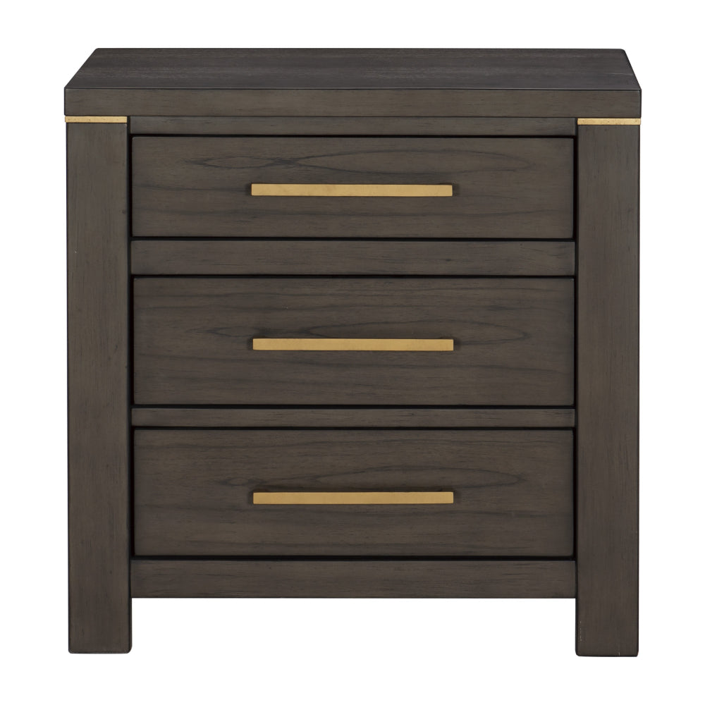 Carie 29 Inch Nightstand, 3 Drawers, Gold Accent Handles, Brown Gray Wood - BM313590