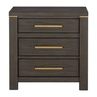 Carie 29 Inch Nightstand, 3 Drawers, Gold Accent Handles, Brown Gray Wood - BM313590