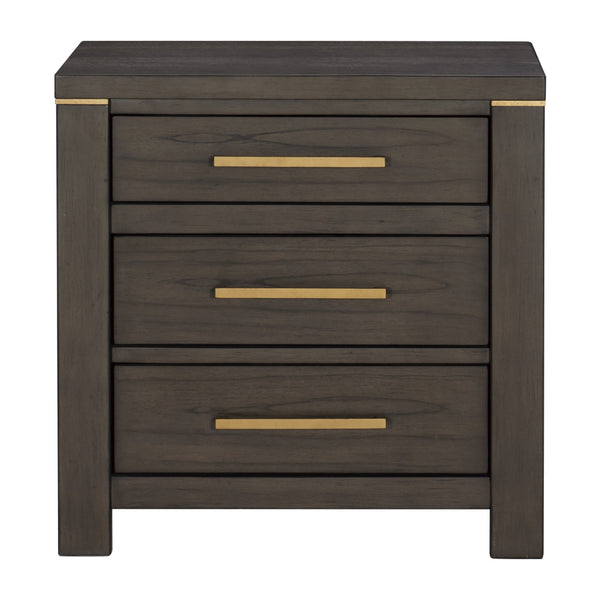 Carie 29 Inch Nightstand, 3 Drawers, Gold Accent Handles, Brown Gray Wood - BM313590